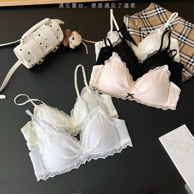 French-Style Triangle Cup Side-Gathering Push-Up Bra for Girls, Wireless Gathered Bra, Thin, Comfortable, Breathable Bra Set