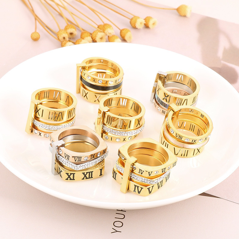 European and American foreign trade jewelry new fashion Roman ring titanium steel jewelry electroplating letter Ring Factory wholesale