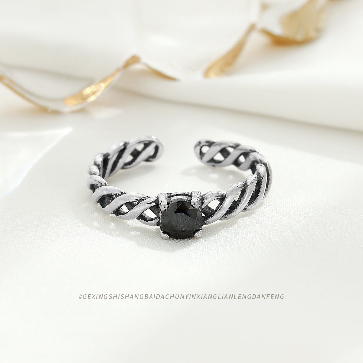 S925 Sterling Silver Personality Retro Black Diamond Chain Open Ring Niche Temperament Jewelry Femaley Pinky Ring