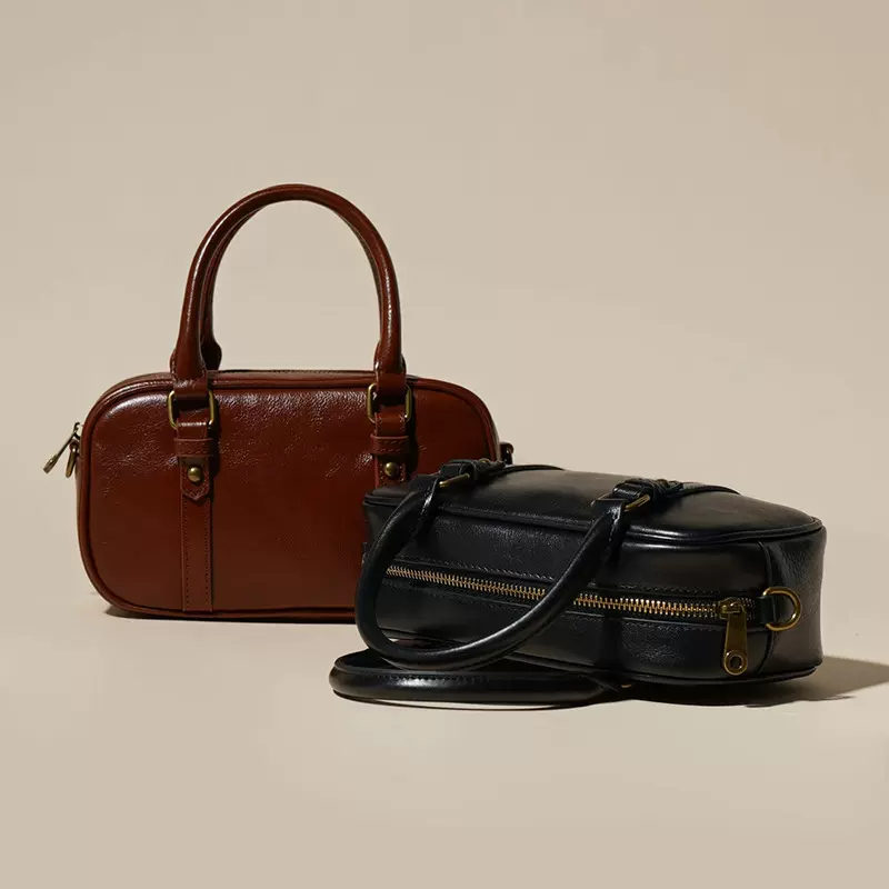 新款头层牛皮小众百搭保龄球包复古手提包波士顿包单肩斜挎手拎包