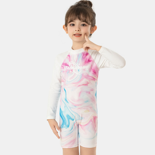 Momasong Children's Swimwear Ins Style Girl Middle Childhood Baby One-piece Long Sleeve Beach Sun Protection Surfing Swimming Suit