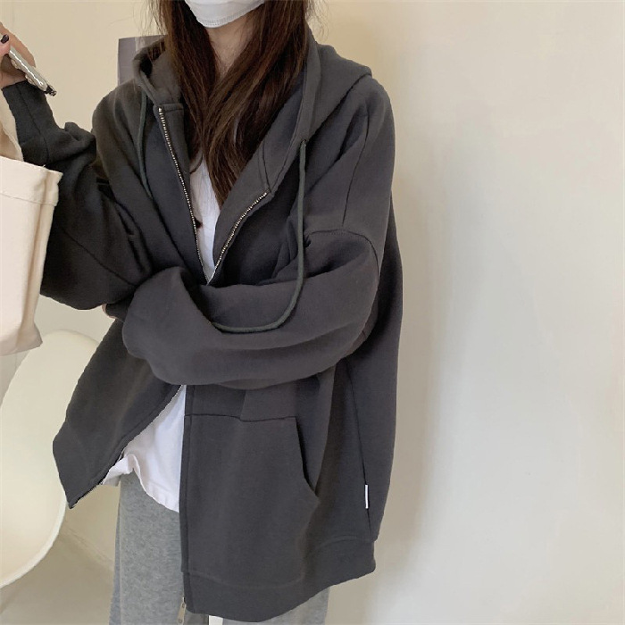 Suéter abrigo de primavera y otoño de las mujeres cardigan con cremallera con capucha engrosada Otoño e Invierno de gran tamaño azul marino superior
