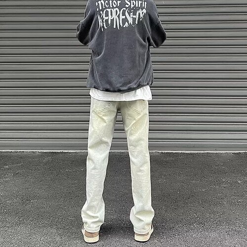 Urban Chic Vibe Pants - High Street American Retro Yellow Clay Denim for Men - Summer Distressed Straight Leg Micro Bell Bottoms