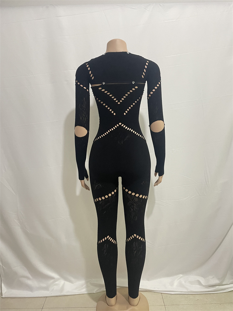 Women Autumn Solid Color round Neck Long Sleeve Hollow Out Cutout Jeweled Slim Fit Patchwork Sexy High Waist Jumpsuit