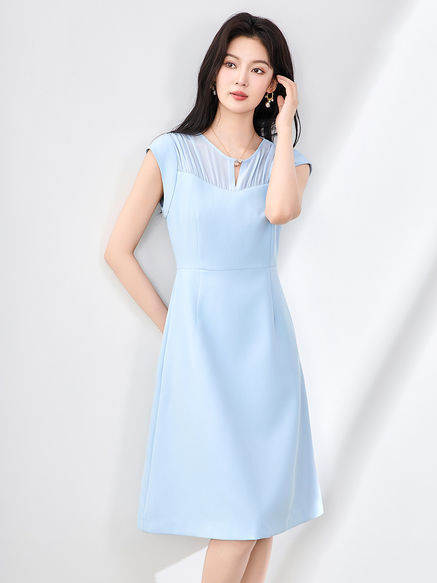 Đầm vest chữ A không tay phối voan mùa hè — Màu xanh da trời
