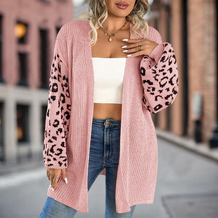 Cross-Border Export 2025 Spring & Fall Leopard Print Jacquard Stitching Knitted Cardigan for Women European and American Fashion Lazy Loose Sweater for Women