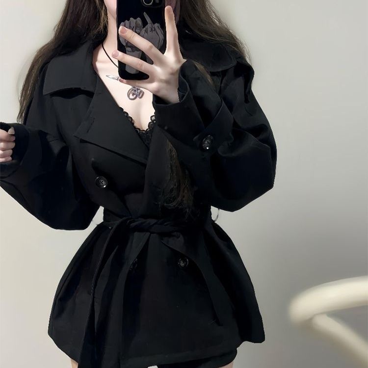 英伦风短款风衣黑色双排扣女小个子秋冬收腰小香风外套赫本风|undefined