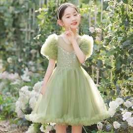 儿童礼服女孩公主裙浅绿可爱蓬蓬纱裙女童生日宴钢琴演出服2025款