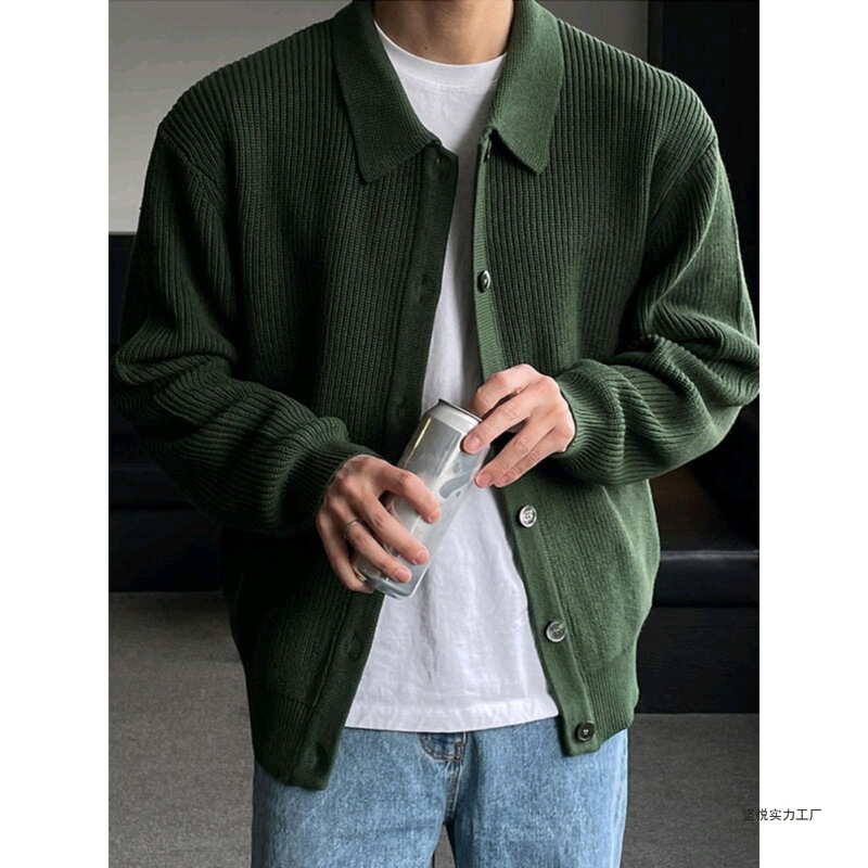 Early Autumn Dark Green Lapel Knitwear Cardigan Jacket Men's Knitwear Korean Style Men's Fashion Casual Korean Dong Wholesale