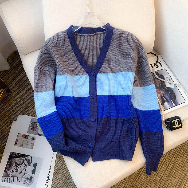 Real shot in stock autumn new design Korean style V-neck contrast color striped sweater cardigan sweater for women Real shot in stock autumn new design Korean style V-neck contrast color striped sweater cardigan sweater for women