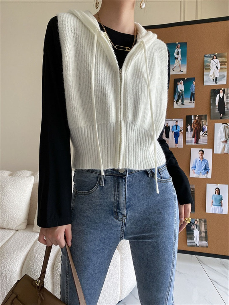 Retro chaleco encapuchado de hombro de punto Cardigan corto de mujer outer vestir otoño nuevo suéter suelto sin mangas abrigo