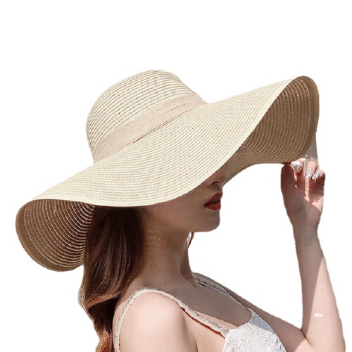 Wholesale fashionable summer sun protection large-brimmed straw hat with edge streamer monochrome ladies travel vacation sunshade beach hat