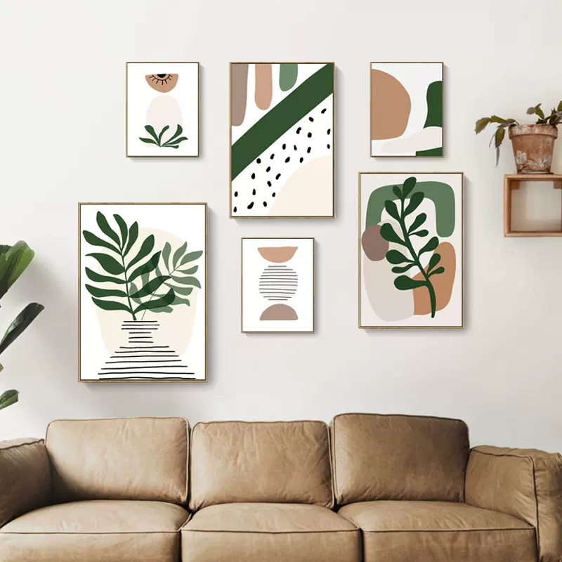 北欧原木风装饰画抽象莫兰迪色块植物客厅酒店公寓民宿沙发挂画