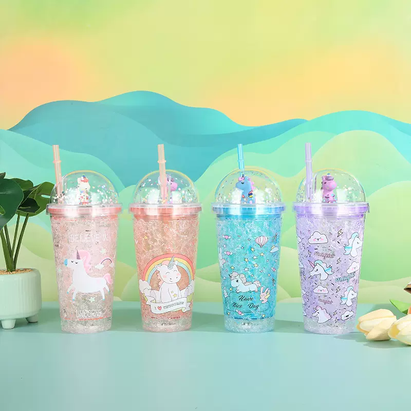 新款创意独角兽双层塑料吸管杯高颜值学生夏日冰杯可爱儿童礼品杯