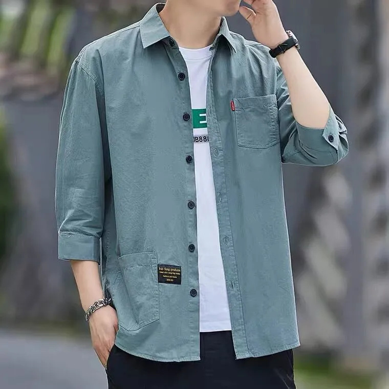 Dropshipping Pure Cotton Washed Three-Quarter Sleeve Men's Shirt Casual Hong Kong Style Loose Version Mid-Sleeve Shirt Men's Trendy