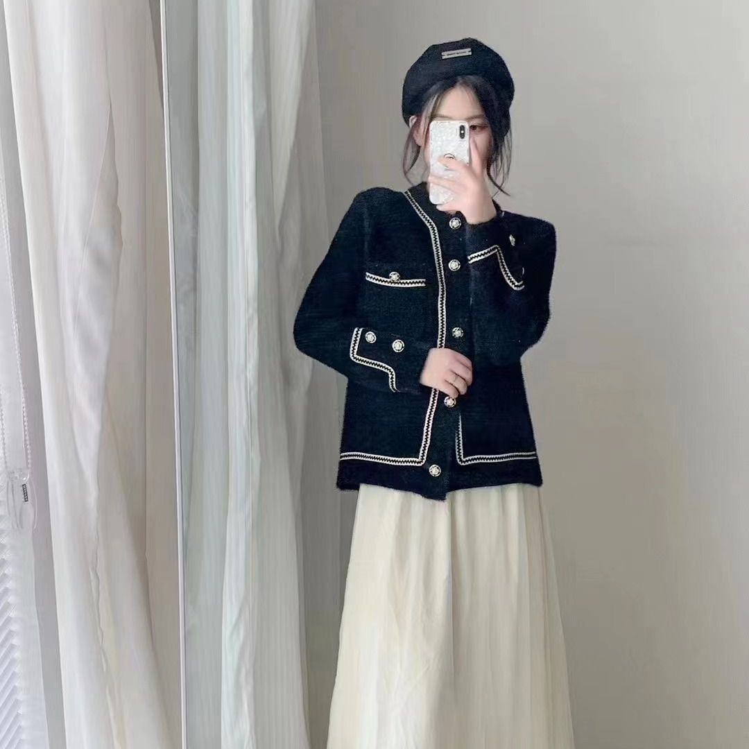 Otoño e Invierno 2023 estilo coreano nuevo estilo Chanel manga larga punto cardigan abrigo Faux visón terciopelo cuello redondo todo el Partido suéter para mujer
