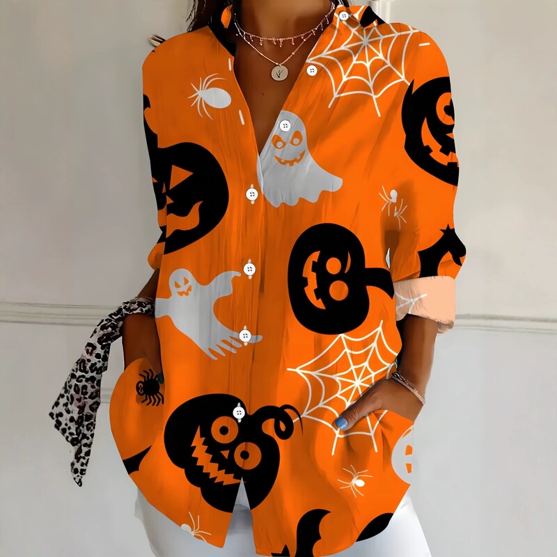 Factory direct supply of cross-border Halloween women's long-sleeved shirts, 3D printed lapel cardigan casual shirts, export goods Factory direct supply of cross-border Halloween women's long-sleeved shirts, 3D printed lapel cardigan casual shirts, export goods
