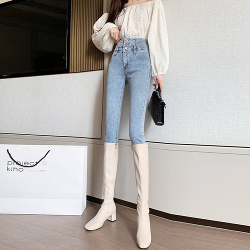 Light Color High-Waisted Petite Trousers for Women, Autumn/Winter Versatile, Abdominal Compression Tight, 9/10 Length, Body-Shaping Thigh-Up Elastic Pencil Trousers