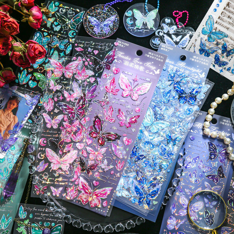 Butterfly Trace and Poetry Stereo Hot Stamping Guka Sticker Light Retro Ins Crystal Butterfly Water Cup Handbook DIY Material Decoration