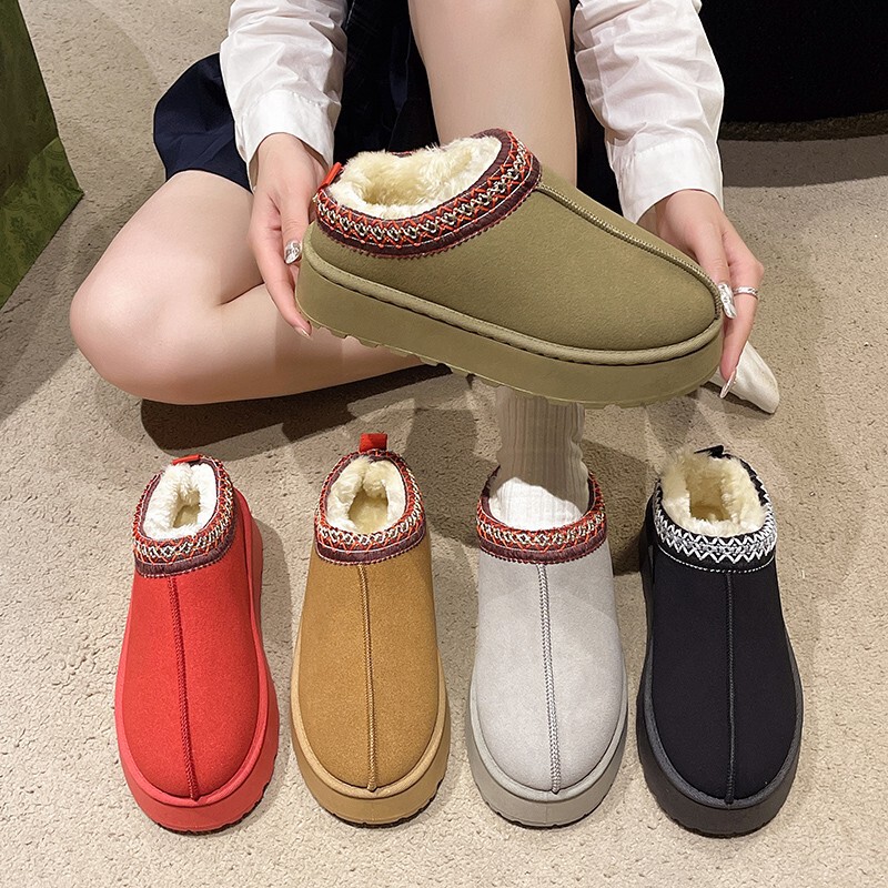 Foreign trade snow boots women 2024 winter new fleece-lined warm thick soles without heel baotou Mao half slippers cotton shoes