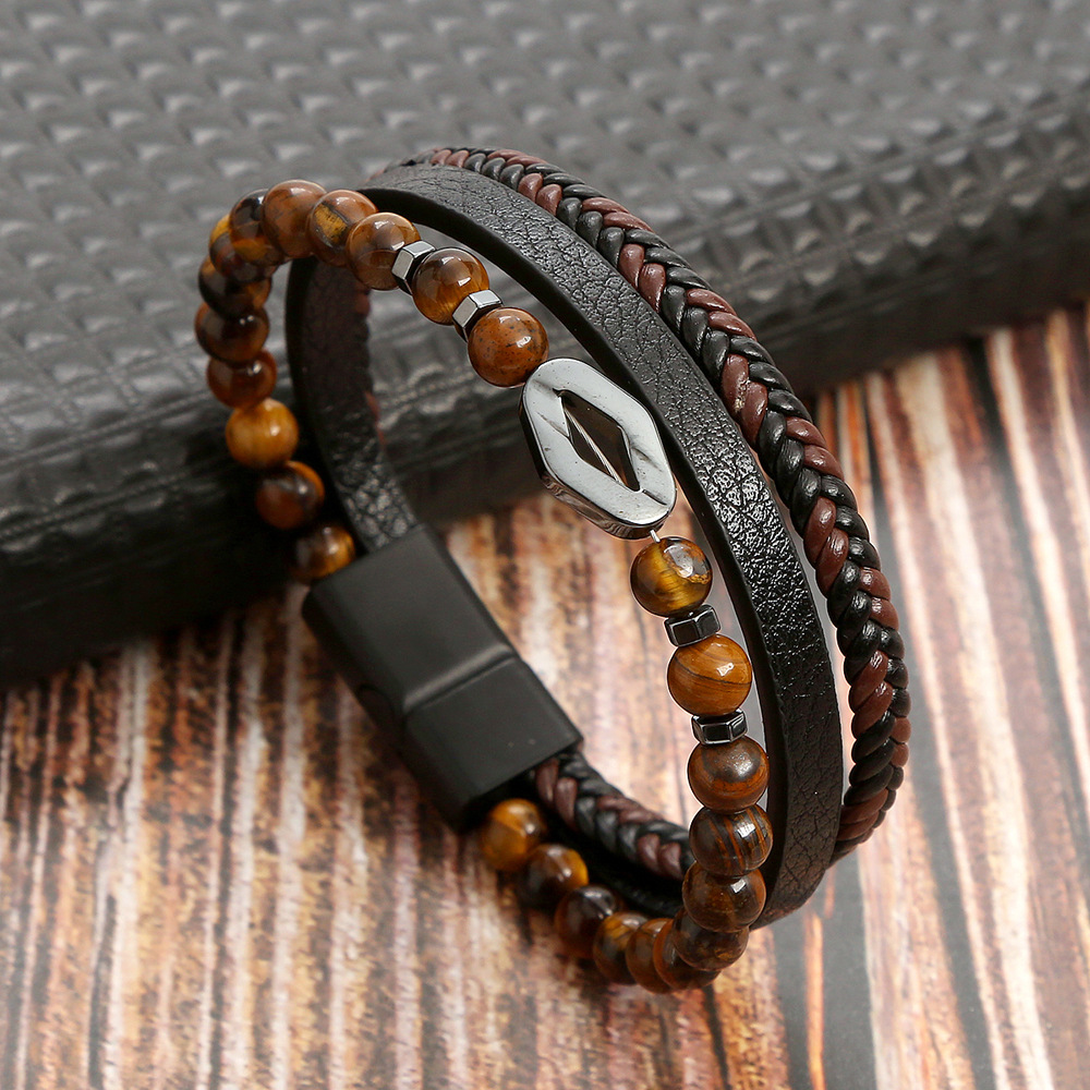 Herrenarmband Aus Leder Und Tigerauge Mit Magnetverschluss_voghion.com