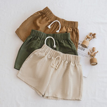夏季新款可爱棉麻裤子松紧裤腰两侧插袋童装简约男女宝宝阔腿短裤