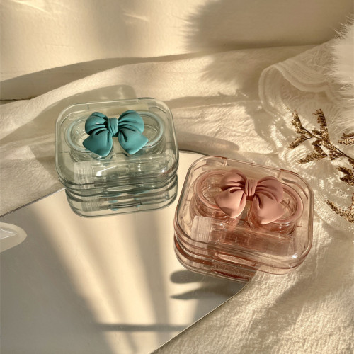 Three-dimensional bow contact lens box, no need to twist the lid, compact transparent contact lens companion box, leak-proof double box