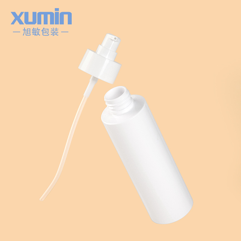 En stock Xumin 120ml blanco cabeza de la bomba botella de la prensa transparente cubierta completa botella de loción 150ml esmerilado botella de spray para mascotas