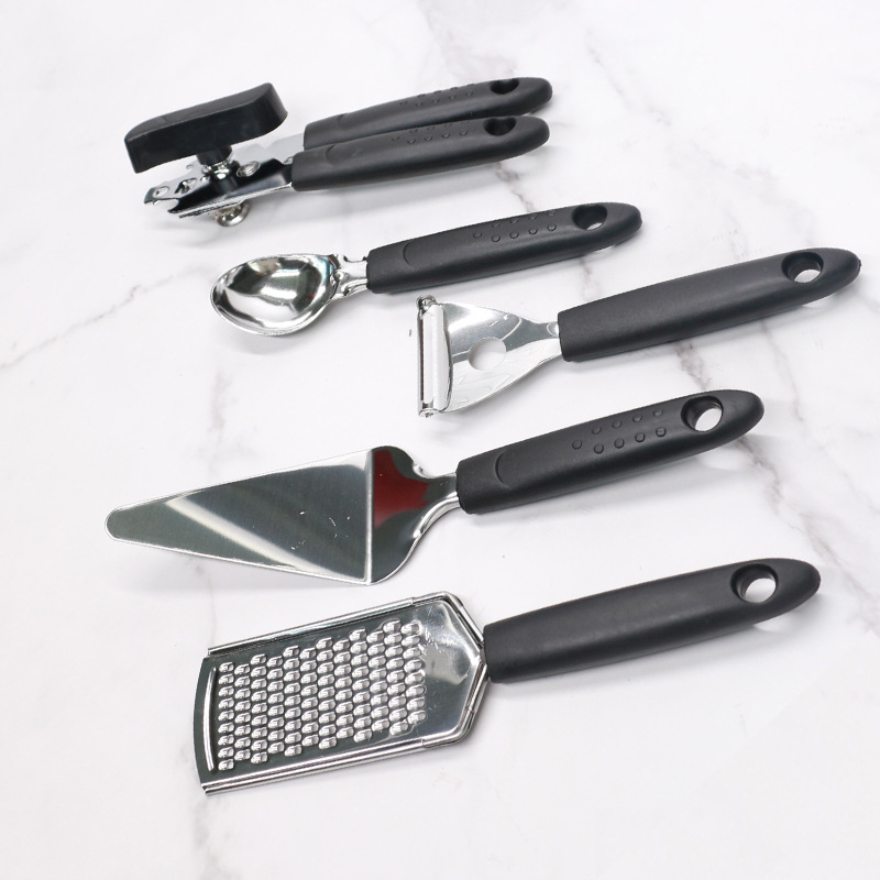 Stainless steel kitchen gadget set, melon and fruit slicer, ginger slicer, can opener, melon slicer and masher, spatula