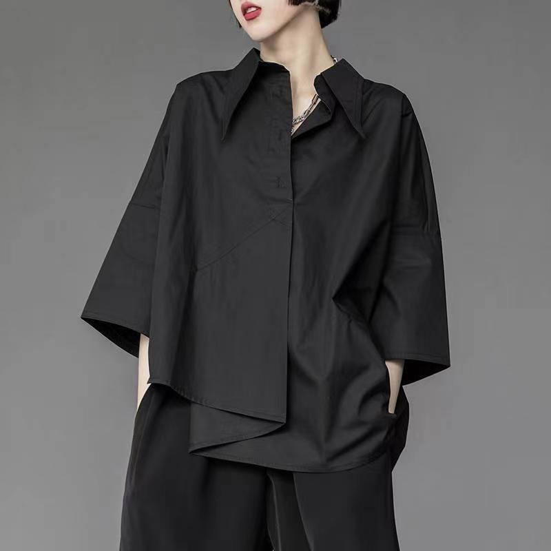 Export Export Summer Lazy Style Loose Short-Sleeved Black Shirt Women's Asymmetrical Three-Quarter Sleeve Bf Shirt Top Export Export Summer Lazy Style Loose Short-Sleeved Black Shirt Women's Asymmetrical Three-Quarter Sleeve Bf Shirt Top