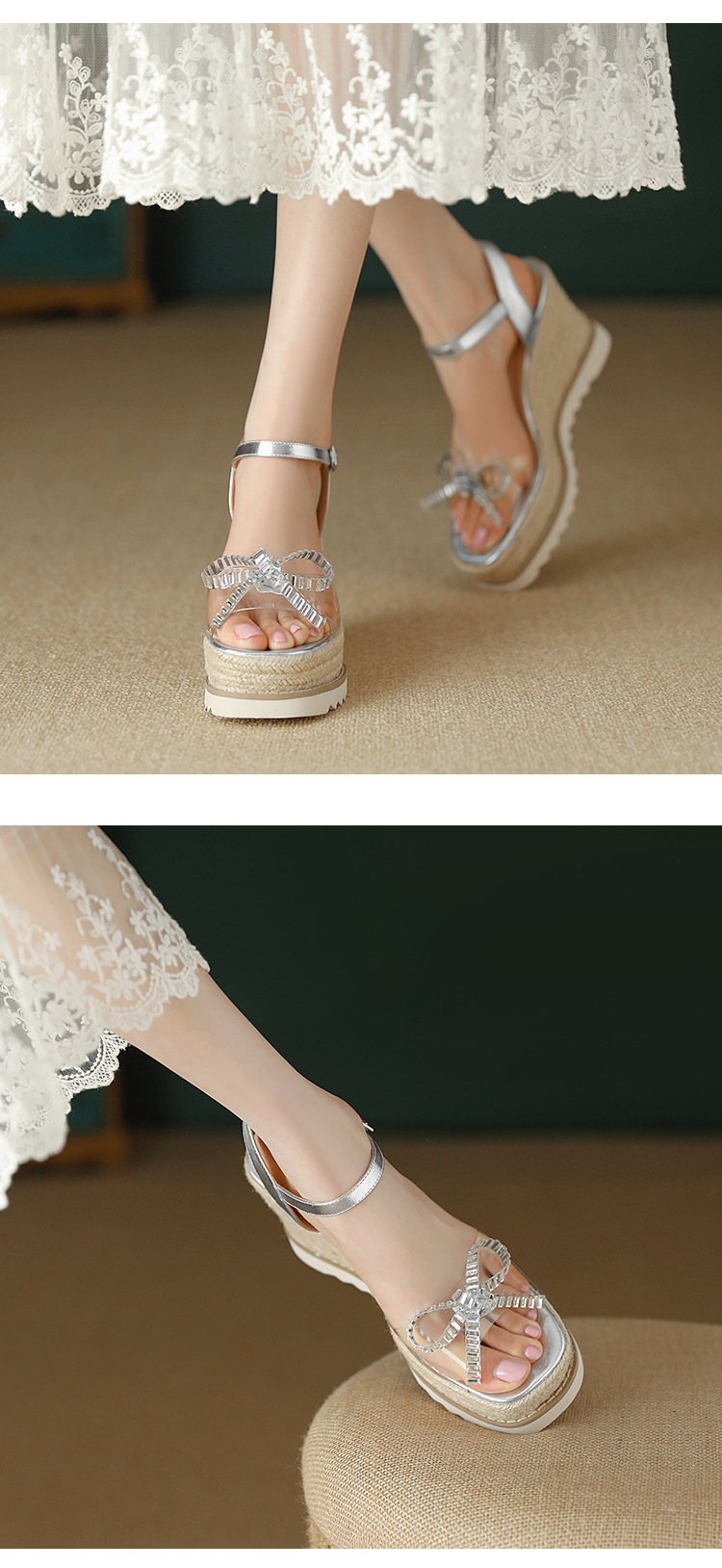 Sandal cao gót nữ hở mũi quai ngang đính đá pha lê, đế xuồng đan rơm, gót 9.5 cm — bạc chi tiết 4