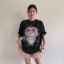 KAKAMEE十三行夏新品美式潮流落日KT做旧洗水宽松短袖T恤女 S3100