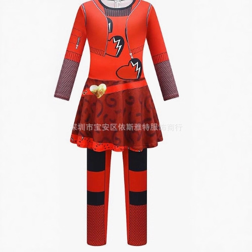 亚马逊 万圣节后裔红色服装连身衣女孩高腰红色公主连体衣带裙子