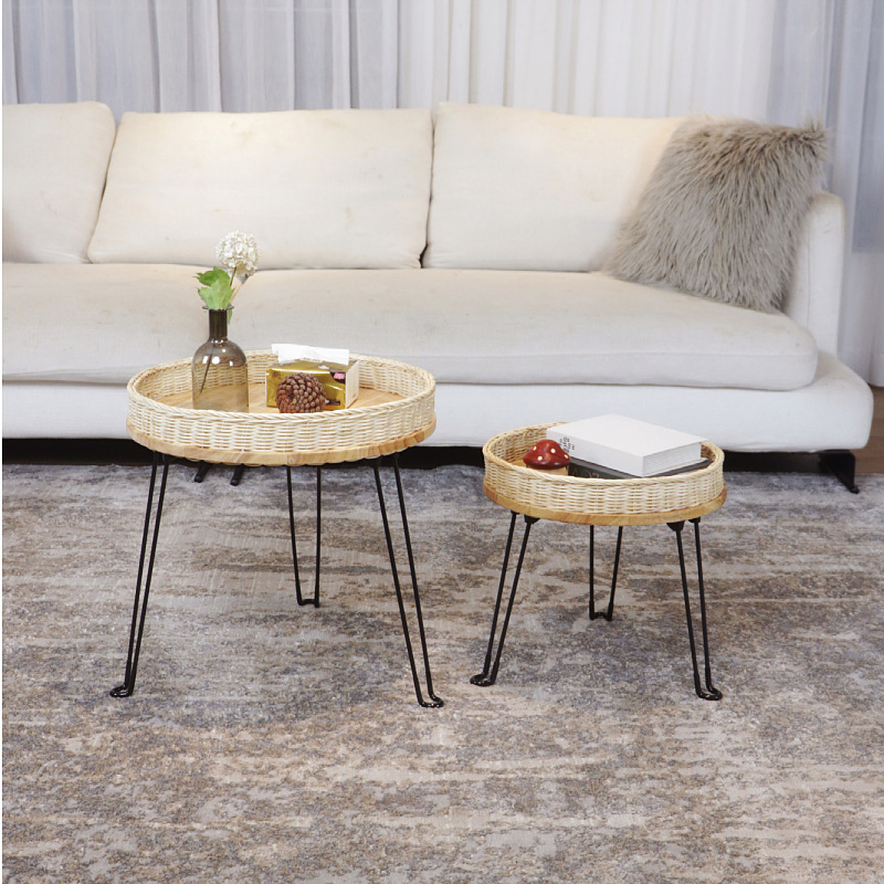 Sofá plegable de estilo nórdico, mesa redonda de madera maciza de caña, mesa de té portátil simple para acampar al aire libre