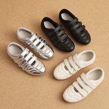 银色单鞋女2025新款运动风玛丽珍白色平底魔术贴保龄球芭蕾鞋