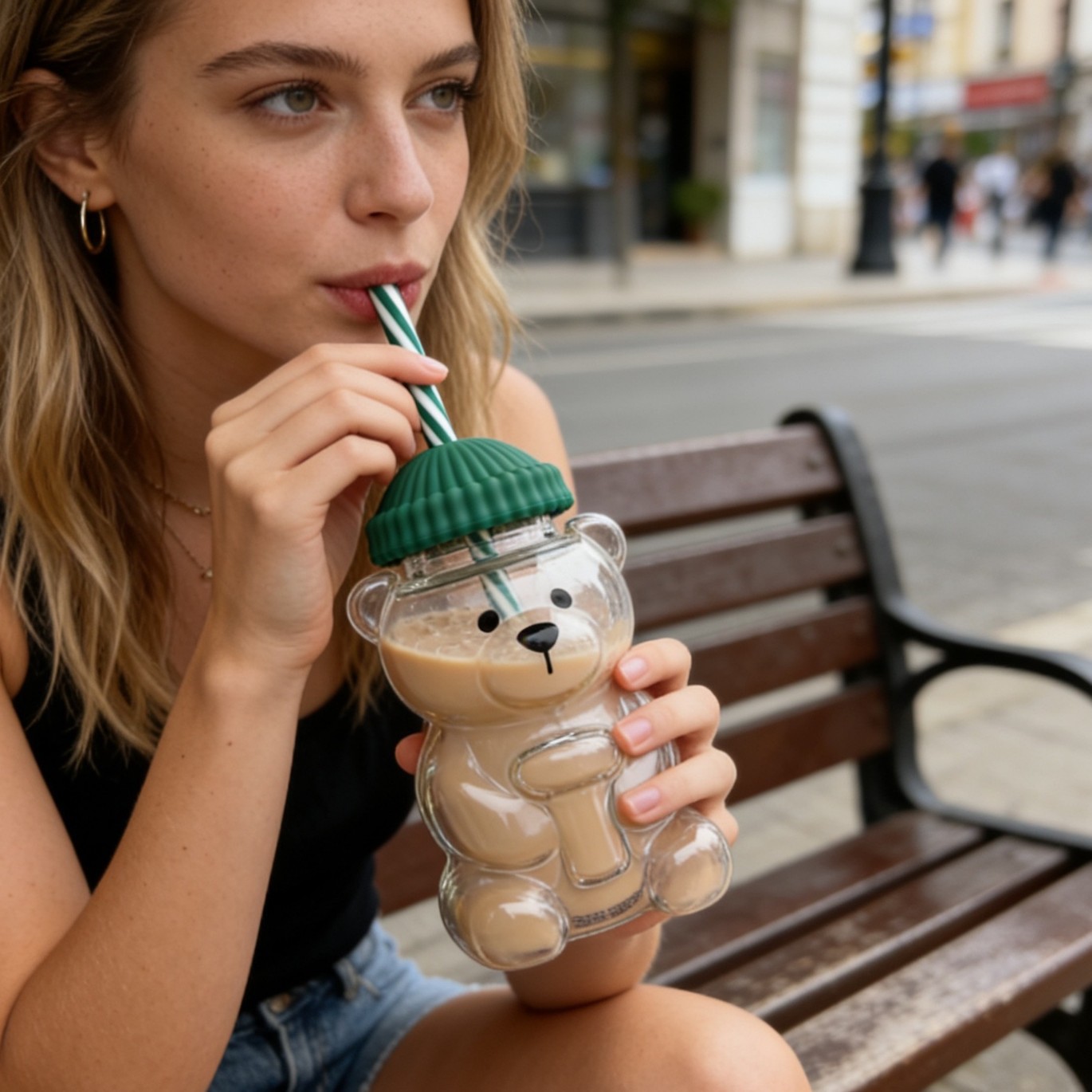 Taza de paja de oso 590ML taza de agua con tapa taza de té de leche encantadora taza de jugo resistente al calor de dibujos animados portátil