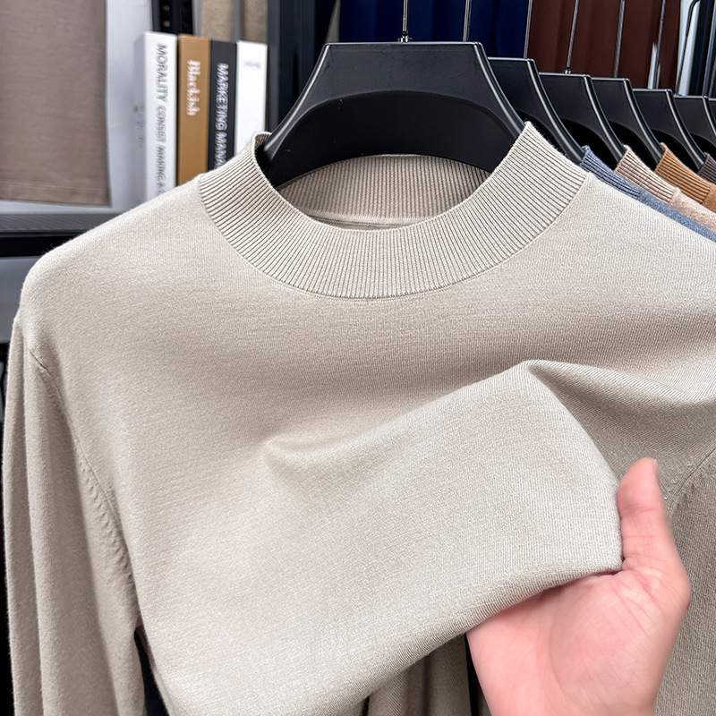 New Spring Thin Mulberry Silk + Sheep Wool Half Turtleneck Long-Sleeved Men's Sweater Men's Knitted Bottoming Shirt Wool t