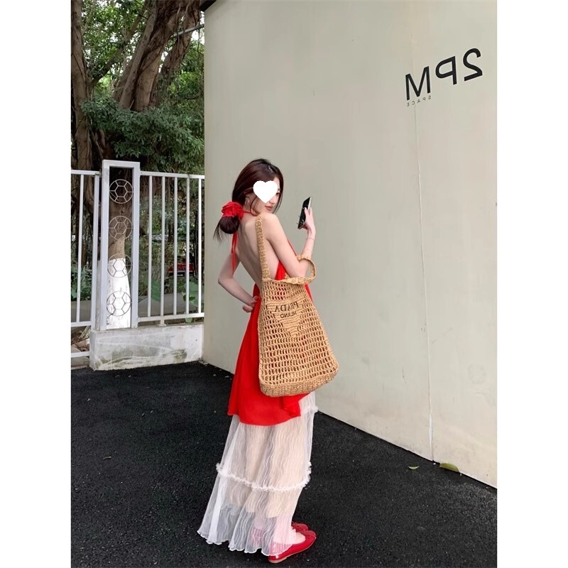 Pure Desire Halter Neck Vacation Style Red Flowing Dress Short Skirt Women's Summer Top Half Skirt Sheer Slim Fit Tie-Dye