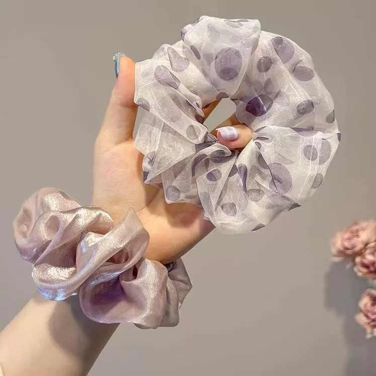 Oversized Hair Scrunchie, Purple Polka-Dot Mesh & Solid Satin, High-Elastic Durable 13 cm