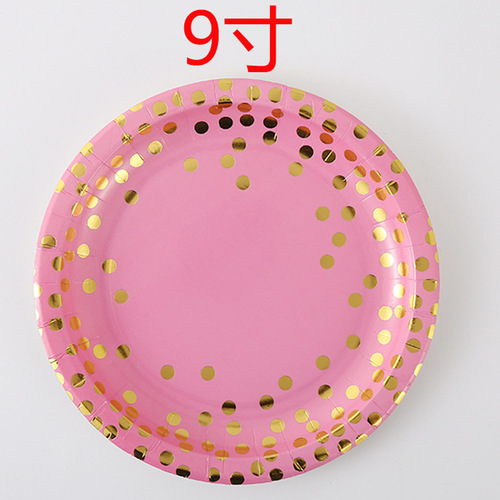 Cross-border hot stamping small dot pink tableware set paper cup paper plate paper towel knife fork spoon disposable party decoration factory