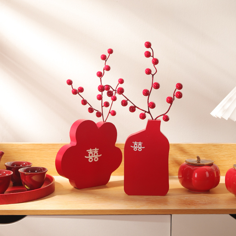 結婚喜字木質花瓶ins風婚房布置小花瓶原創精緻裝飾擺件裝扮喜