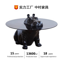河马茶几客厅家用复古创意现代钢化玻璃圆形小户型设计师茶几桌