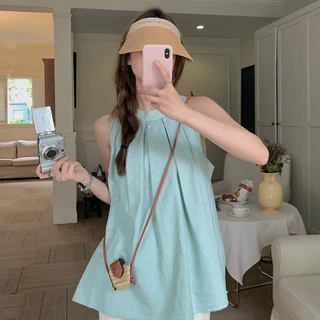 多巴胺设计感黄色挂脖吊带背心女夏季高级感绝美上衣宽松无袖衬衫