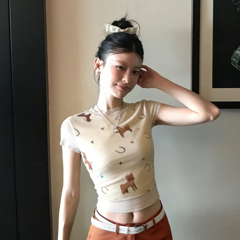Korean-Style Summer American Retro Pony Print Short-Sleeved T-Shirt Paired with Wide-Leg Jeans Set