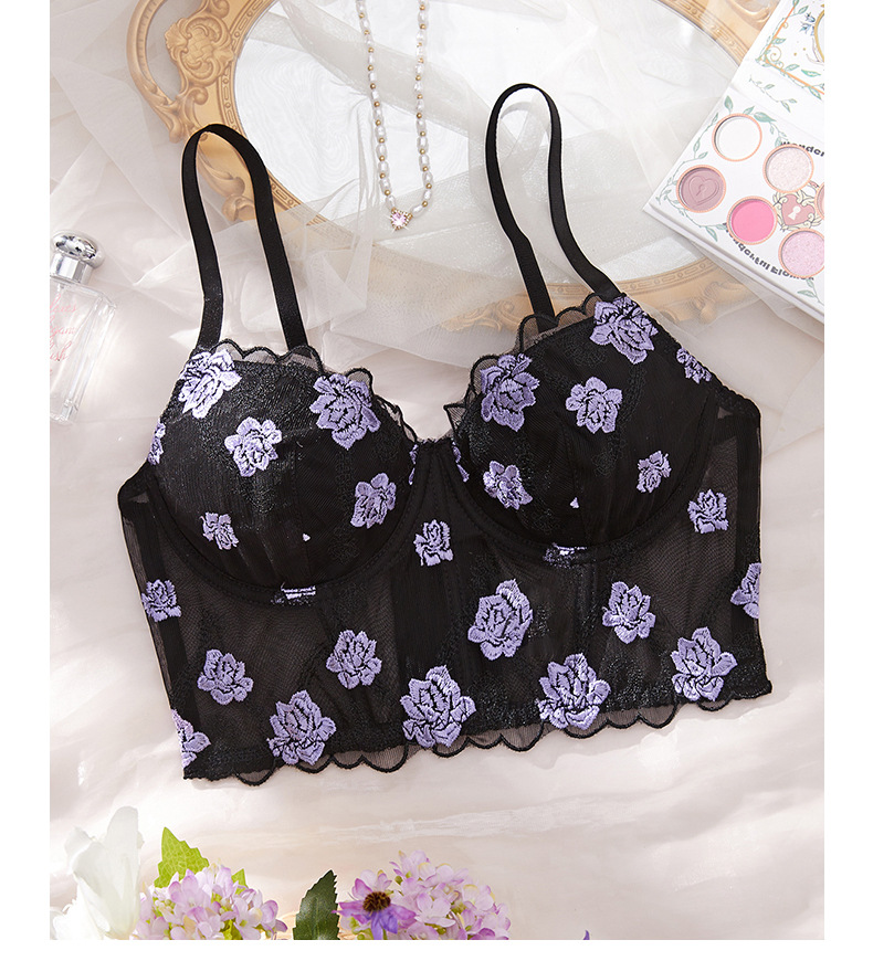 Exquisite Rose Lace Embroidered Sheer Mesh Bra Set With Adjustable 3-Row Hook & Eye Closure - Sensual Bustier Corset For Women_voghion.com