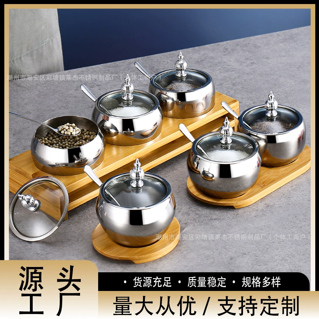 304 stainless steel seasoning box kitchen household commercial seasoning jar seasoning combination bamboo rack set seasoning bottle
