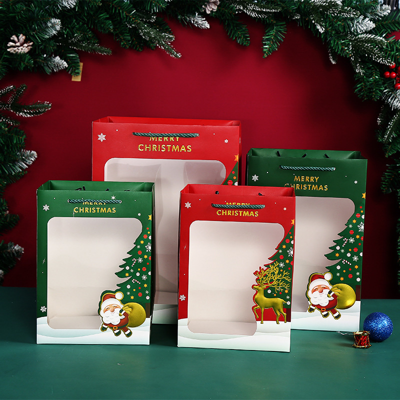 新款圣诞节礼物袋开窗透明纸袋平安夜手提袋苹果包装袋圣诞礼品袋