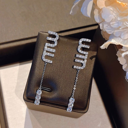 Yang Chaoyue's same style micro-inlaid letters MIU long tassel earrings, light luxury, high-end, fashionable and versatile earrings
