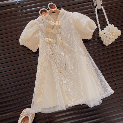 Lace netting princess qipao dress with bubble sleeves, 2025 summer attire, for young children, Chinese style qipao dress with button loops