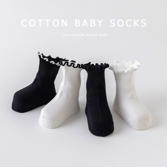 Newborn Infant Baby Girl Children's Combed Cotton Black and White Spring and Autumn Loosen Lace Princess Socks